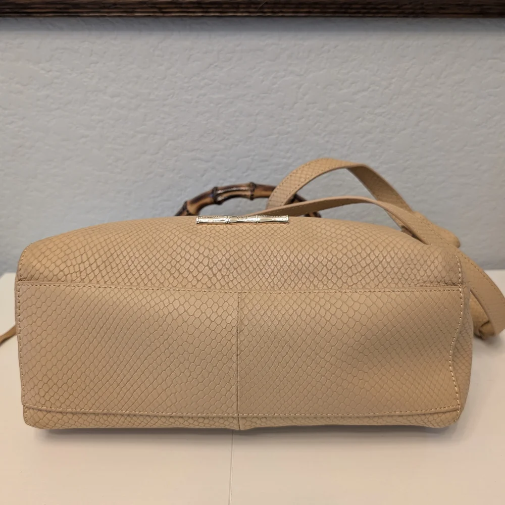 Elaine Turner Tan Snakeskin Embossed Leather Bamboo Handle Satchel Crossbody Bag